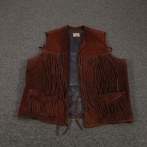 Vintage Bay River Vest Mens XL Brown Suede Fringe Western Cowboy Tie Lined